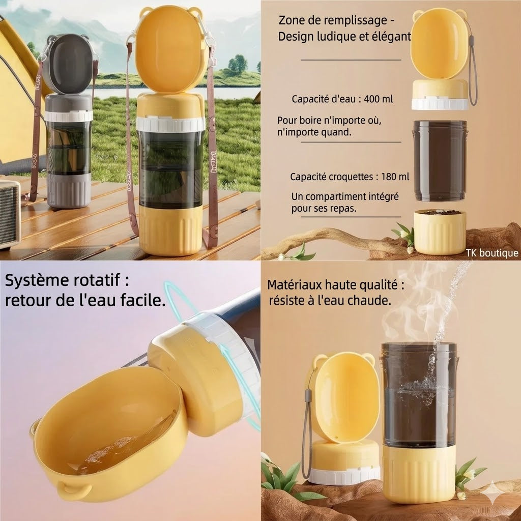 Gourde 2en1 Portable pour Chien et Chat – Eau et croquettes en balade