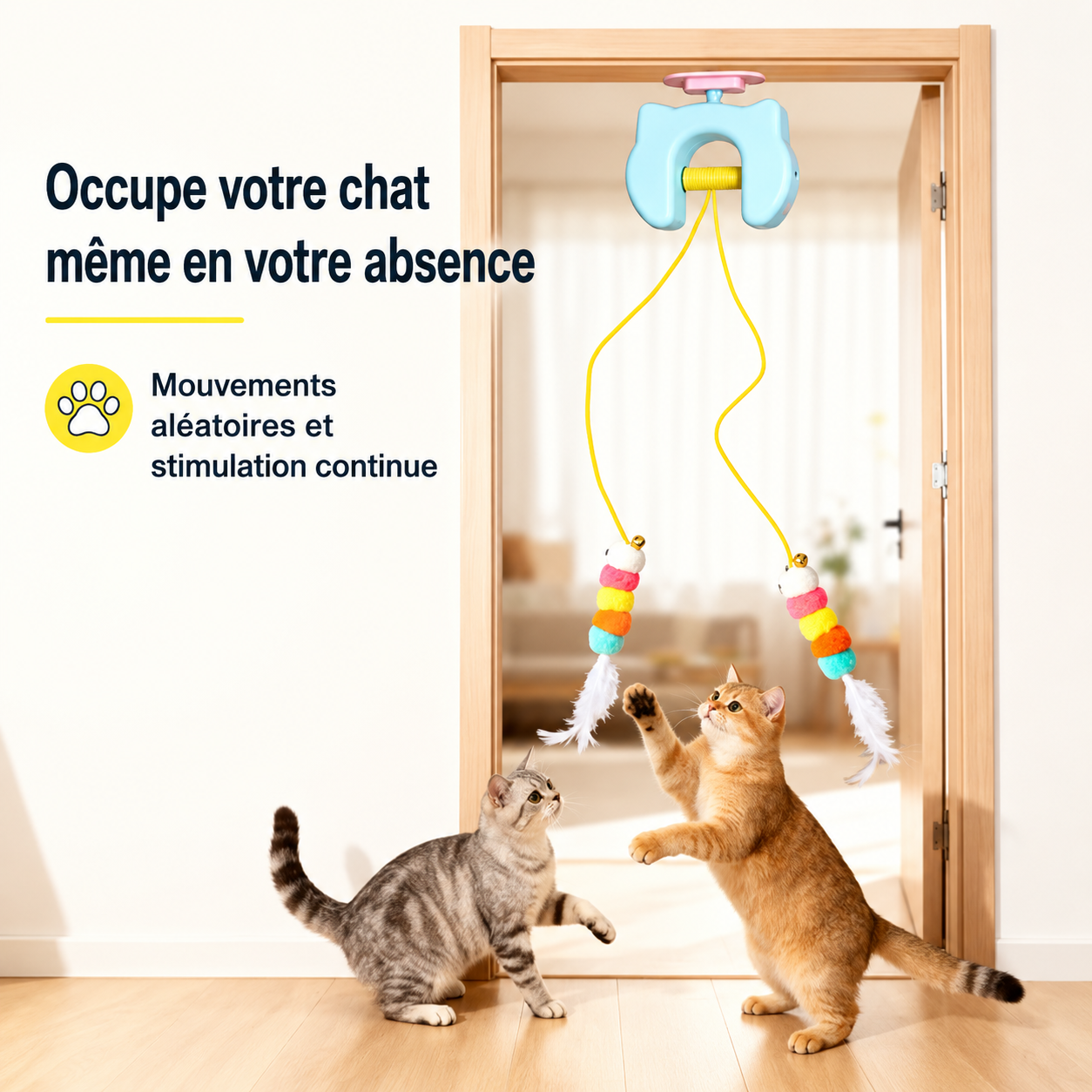 Jouet Électrique pour Chat – 2 Cordes & Plumes, Fixation Porte