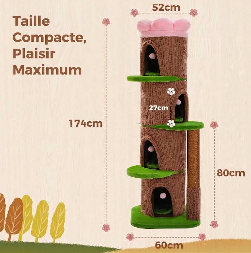 Tour arbre à chat 174 cm avec 4 cachettes et plateformes