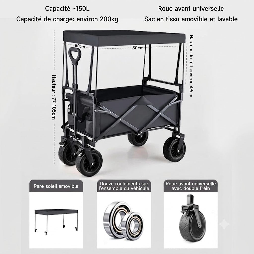 Chariot Balade Pliable pour Chien – Toit Amovible, Tout-Terrain, 200 kg