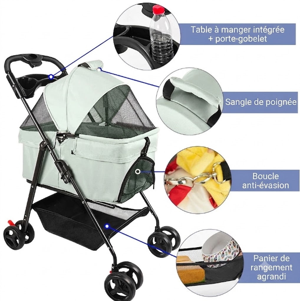 Poussette pour Chien et Chat – Pliable 3-en-1, Nacelle Amovible, jusqu'à 15 kg
