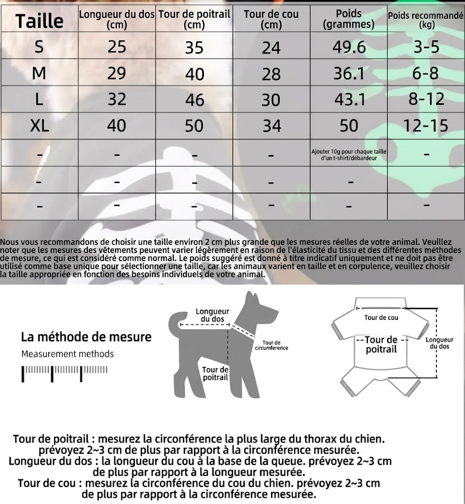 Costume Halloween pour Chien – Combinaison Squelette Phosphorescente